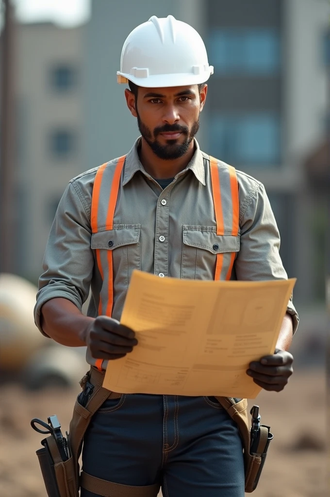 A professional engineer with white helmet and Engineering dress having drawing paper in hand