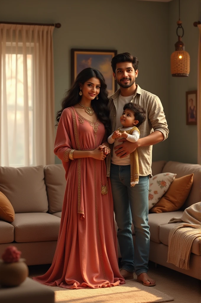"A family of three: Anjali Patil, a glamorous woman, her husband Salman, and their young son, living happily together in a cozy home."
