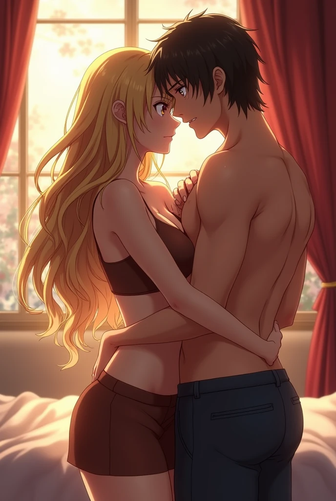 Anime blonde hair woman with brown bra and brown skirt full body have a sex with anime man