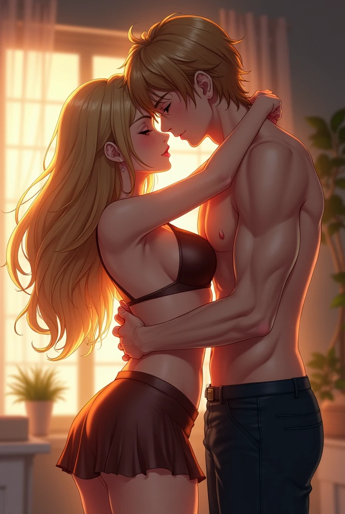 Anime blonde hair woman with brown bra and brown skirt full body have a sex with anime man