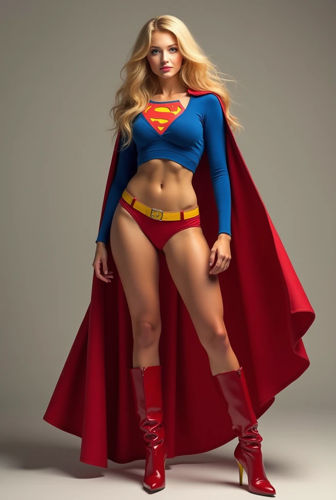 A SEXY BUSTY BLONDE TEEN FEMALE WITH BLUE EYES WEARING A 1970 SPLIT OPEN V BUTTONLESS FULL LENGTH BLUE V BLOUSE WITH A "S" EMBLEM ON THE RIGHT SIDE OF HER CHEST, A PAIR OF RED SHORTS WITH A YELLOW SUPERMAN BELT, TALL RED HEELED SUPERGIRL BOOTS, AND A LONG FLOWING RED SUPERGIRL CAPE. PHOTO REALISTIC, HYPER DETAILED AND TEXTURED.