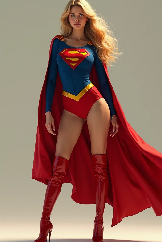 A SEXY BUSTY BLONDE FEMALE WITH BLUE EYES WEARING A 1970 SPLIT OPEN V BUTTONLESS FULL LENGTH BLUE V BLOUSE WITH A "S" EMBLEM ON THE RIGHT SIDE OF HER CHEST, A PAIR OF RED SHORTS WITH A YELLOW SUPERMAN BELT, TALL RED HEELED SUPERGIRL BOOTS, AND A LONG FLOWING RED SUPERGIRL CAPE. PHOTO REALISTIC, HYPER DETAILED AND TEXTURED.