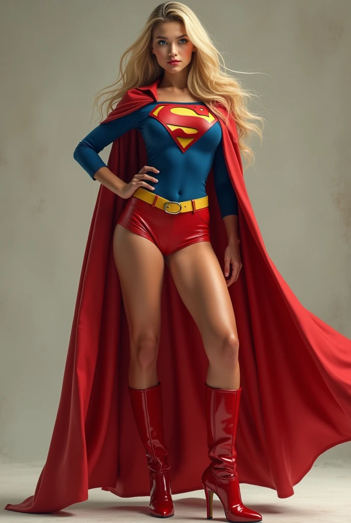 A SEXY BUSTY BLONDE TEEN FEMALE WITH BLUE EYES WEARING A 1970 SPLIT OPEN V BUTTONLESS FULL LENGTH BLUE V BLOUSE WITH A "S" EMBLEM ON THE RIGHT SIDE OF HER CHEST, A PAIR OF RED SHORTS WITH A YELLOW SUPERMAN BELT, TALL RED HEELED SUPERGIRL BOOTS, AND A LONG FLOWING RED SUPERGIRL  CAPE. PHOTO REALISTIC, HYPER DETAILED AND TEXTURED.