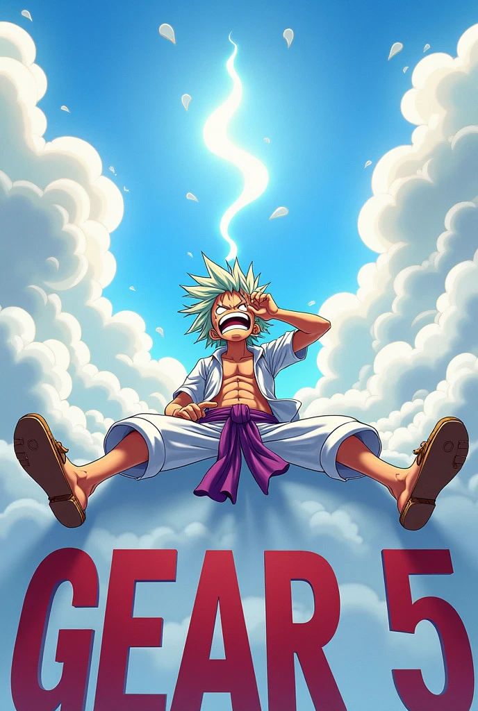 Create an anime-style scene featuring luffy gear 5 in a dynamic pose with white, wild hair, wearing a white outfit with a purple sash. The character should have a joyful and exaggerated expression, with their mouth wide open in laughter, legs lifted up spread wide straight, wearing wooden sandals, while sitting in a laid-back position with their legs spread out. The character's right hand should be shielding their eyes as if looking into the distance. Weird white cloud and smoke around him, Include a bright sky with some clouds in the background and large text at the bottom reading "GEAR 5."