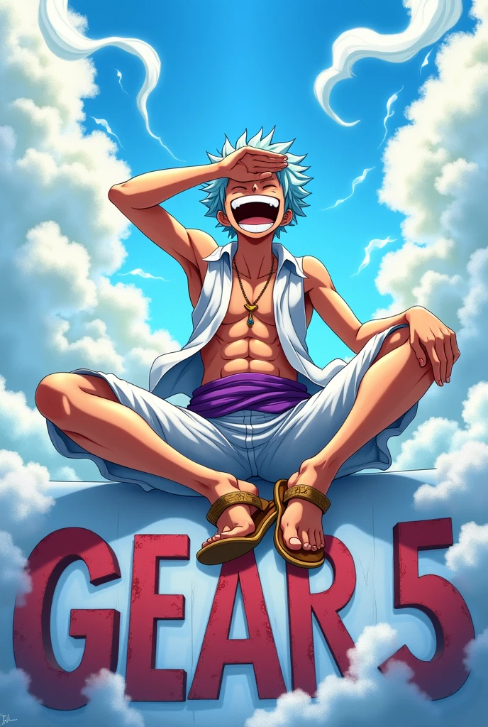 Create an anime-style scene featuring luffy gear 5 in a dynamic pose with white, wild hair, wearing a white outfit with a purple sash. The character should have a joyful and exaggerated expression, with their mouth wide open in laughter, legs lifted up spread wide straight, wearing wooden sandals, while sitting in a laid-back position with their legs spread out. The character's right hand should be shielding their eyes as if looking into the distance. Weird white cloud and smoke around him, Include a bright sky with some clouds in the background and large text at the bottom reading "GEAR 5."