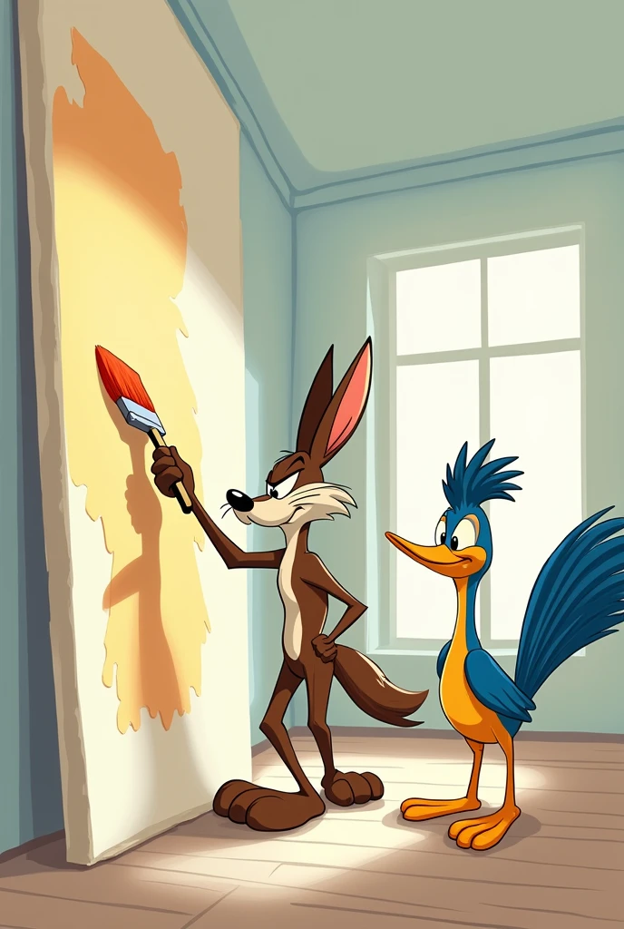 Make me a coyote with a roadrunner that are inside an apartment and the coyote is painting the walls and the roadrunner is watching