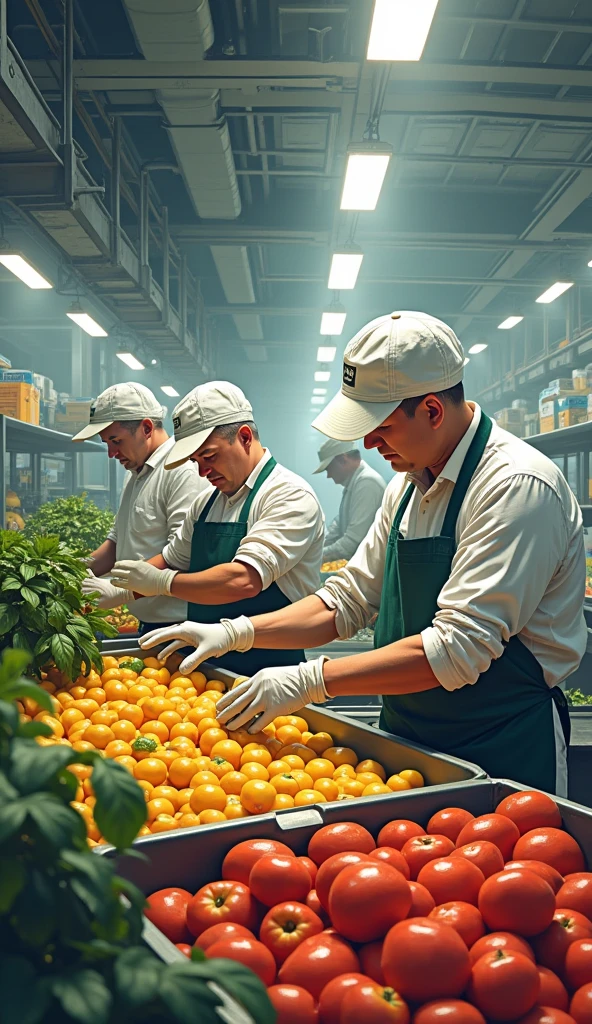 create an image where there are many collaborators with caps completely covering their hair and ears, apron, mitts, working in an agroindustry with fruits and, illustration realista comercial, workers, incrível illustration alimentar, profile image, in a factory, illustration!, manufacturing, Industries,