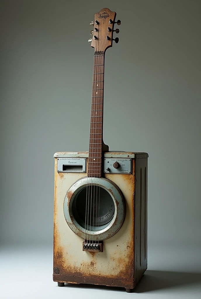 Guitar shaped like a washing machine, fusion between instrument and washing machine