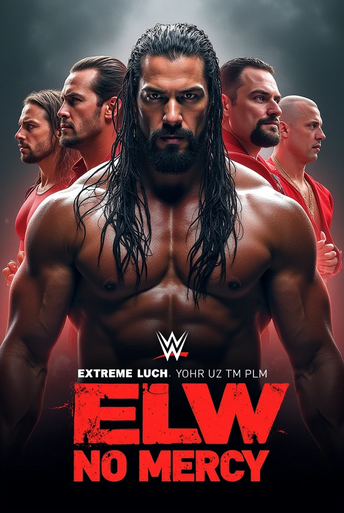 Genérame una imagen para promocionar el paper view de lucha libre no mercy de la ELW en donde aparezca el nombre de ELW presenta no mercy con la imagen de kazuchika Okada Cody rose Roman Reigns John cena the undertaker John moxly y the find Bray white