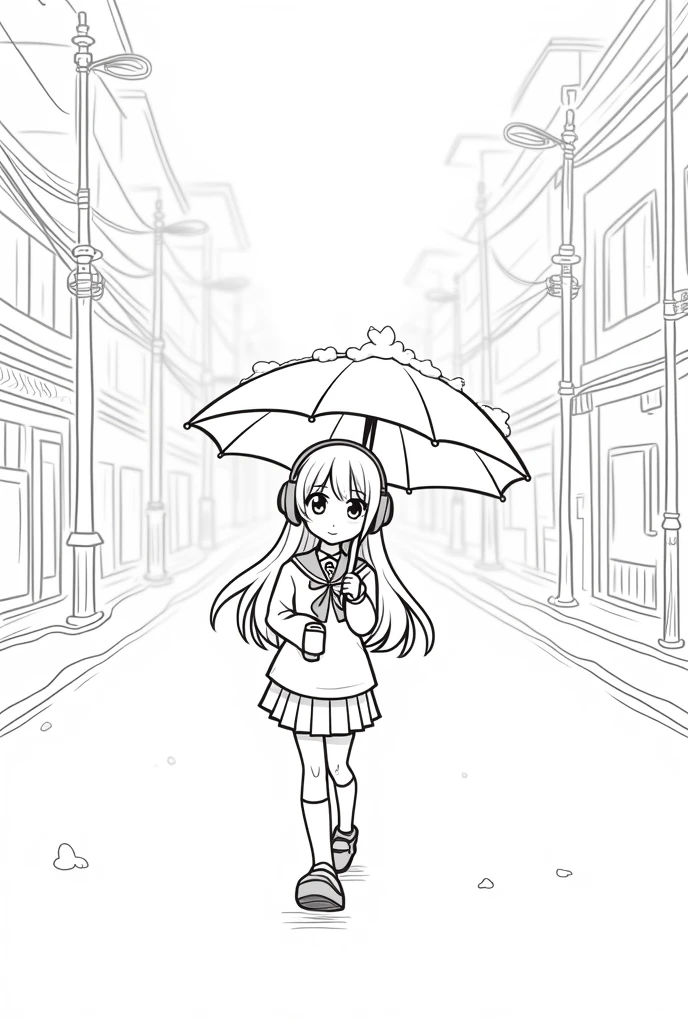 A long-haired girl, wearing a Japanese school uniform, wearing headphones, and holding an umbrella, is walking on the street in heavy snow. The road and umbrella are covered with snow. It is a black and white cartoon line drawing.