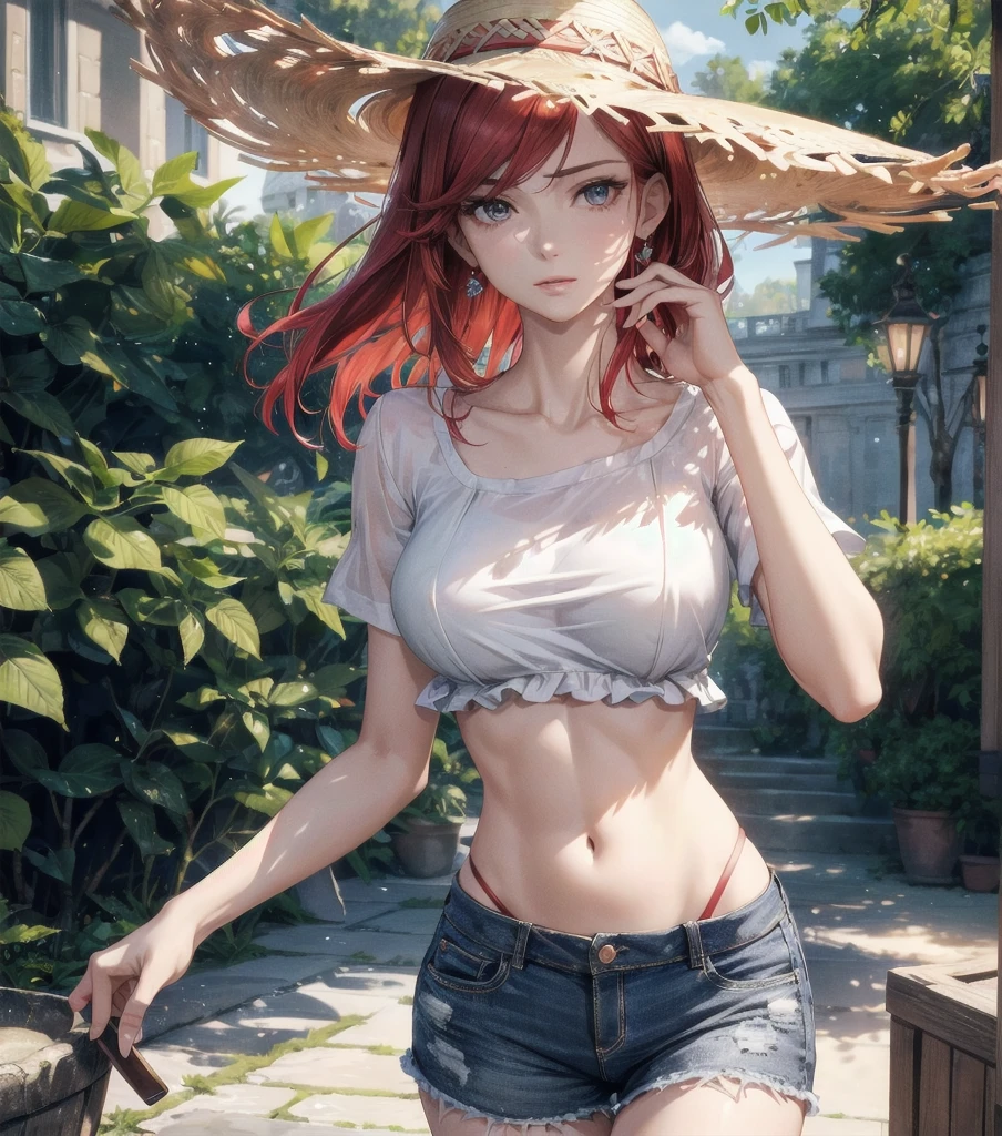 absurdres, RAW photo, extremely delicate and beautiful, masterpiece, Highest Quality, ultra high resolution, 32k, hyperrealistic, realistic, photorealistic, photo-realistic, Real, ultra-detailed, Very detailed CG 8k wallpaper, detailed background, landscape, Beautiful Lighting, Perfect Lightning, Realistic Shadows, perfect anatomy, anatomically correct, ideal ratio body proportions, perfect figure, Perfect Style, Perfect balance, super Detailed skin, in her 30s, very Slim body, narrow waist, very small head, very small face, delicate facial features, handsome detailed woman, very detailed eyes and face, realistic face proportions, Realistic beautiful face, Realistic beautiful eyes, tearful mole, earring, whole body shot, very huge round tits, medium hair, asymmetrical hair, red hair, blouse, bare collarbone, midriff, shorts, straw hat,