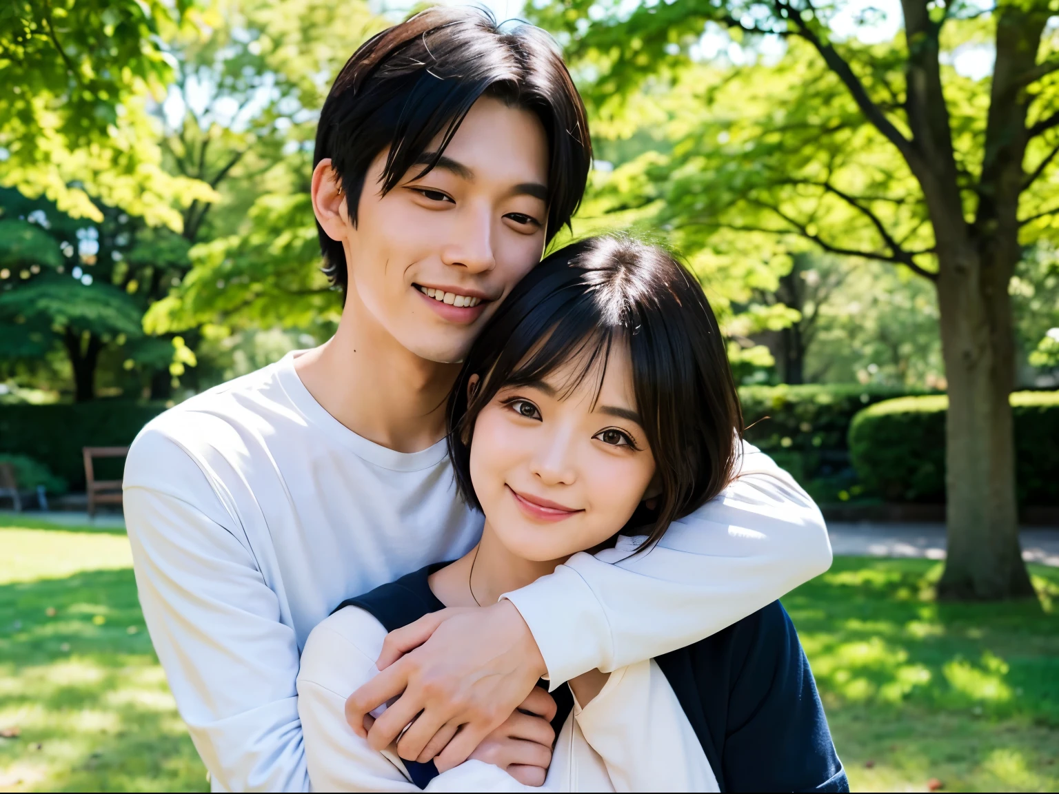 ((best quality)), ((masterpiece)), (detailed), perfect face、Korean Couple、smile、Snuggling、men and women、laughing
