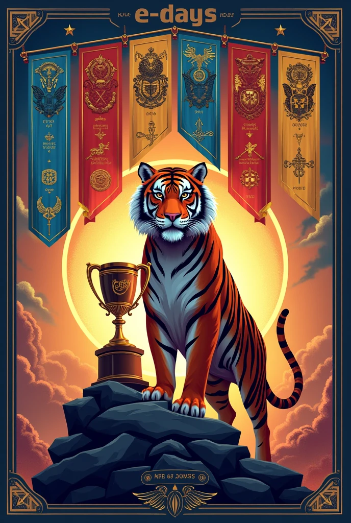 Pubmat/Main poster for Engineering Days 2024

- Title Text in the Center: "E-Days" 2024-2025 (font type should be the same as percy jackson poster) 
- use TIGER and TROPHY as main elements
- showcase the six houses and their logos through banners that are giving olympian vibes:

MUST GIVE OFF PERCY JACKSON AND THE OLYMPIAN VIBES. GREEK MYTHOLOGY