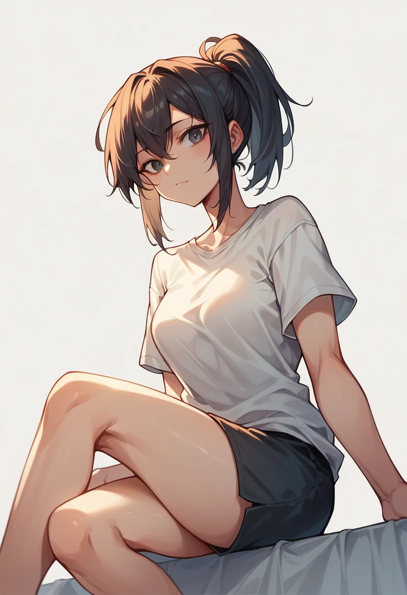 1girl, solo, best quality, masterpiece, simple background, simplistic background, minimalist background, detailed, cowboy shot, Undertale Frisk, brown hair, brown shorts, bob cut, short hair, black pantyhose, blue shirt, purple stripes, closed eyes, striped, striped shirt, from behind, wide hips, butt, large butt, huge ass, suggestive