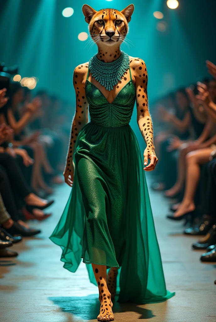Cheeta in fashion show wearing a green dress and blue diamonds in neck