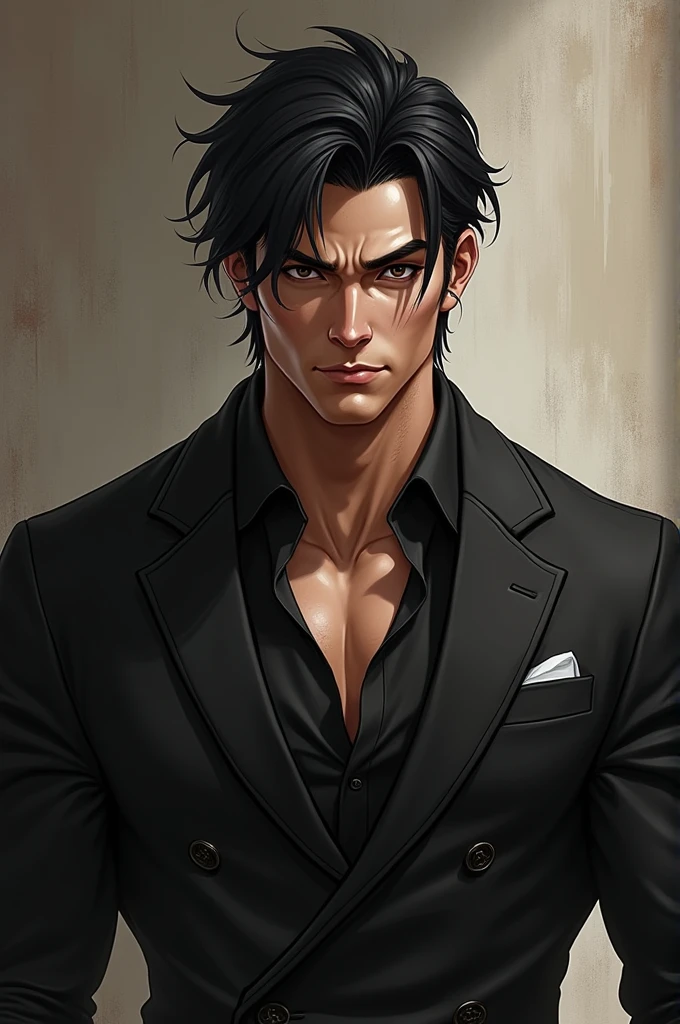Ares (male) has jet black hair that is styled in a neat yet messy fashion, with strands hanging over his forehead. He has a muscular build, exuding a sense of strength and power. His features are sharp, with a strong jawline and intense black eyes that exude confidence and authority. He has a few moles/freckles on his face, adding to his rugged good looks. He usually wears tailored suits that hug his muscular frame, exuding an air of sophistication and elegance.
