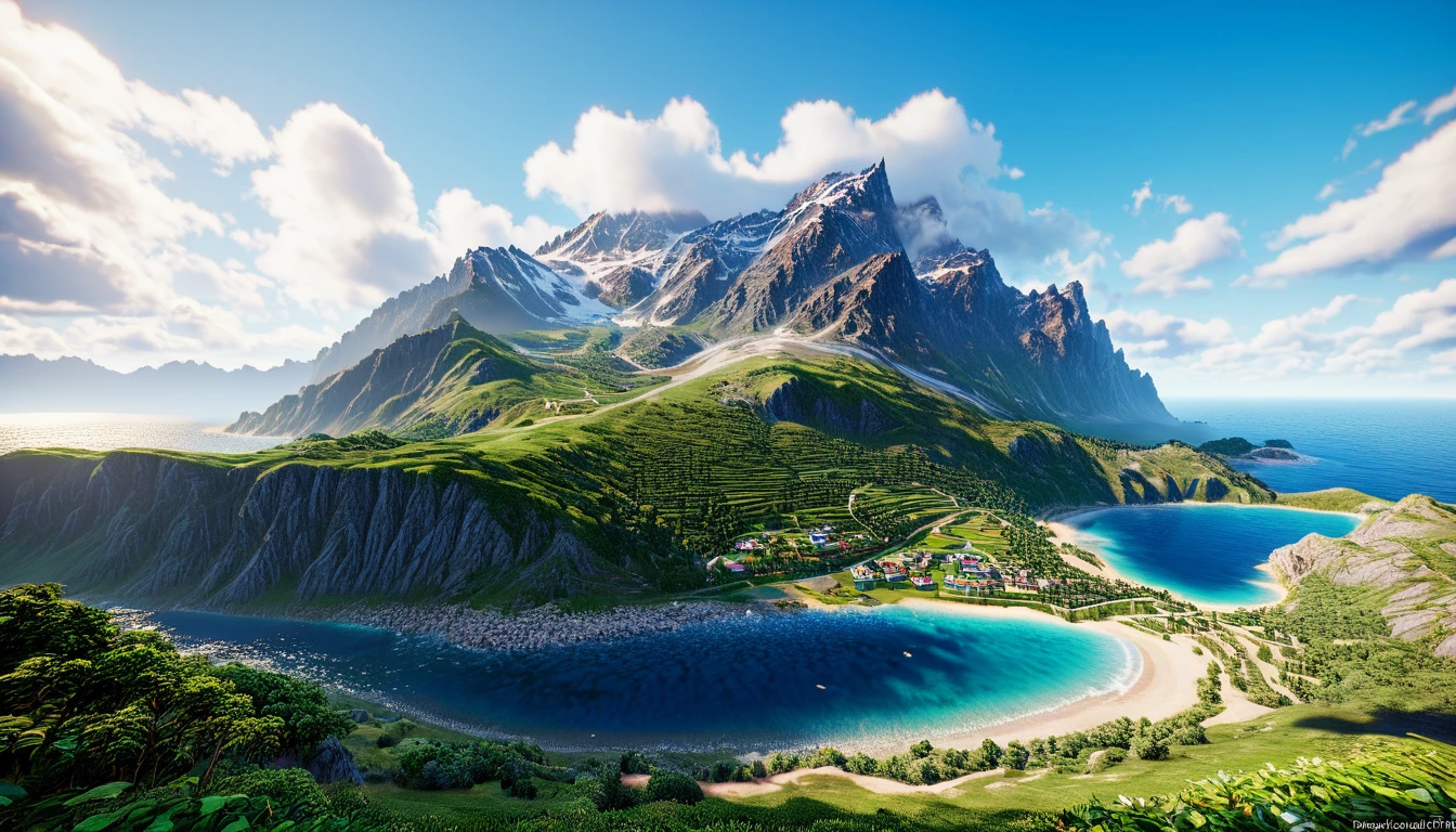 There is a highest mountain covered with greenery by the sea（best quality，4K，8k，High level，masterpiece：1.2），Ultra Detailed，（lifelike，Photo real，Photo real：1.37），Complex patterns，Realistic lighting，虚幻引擎4K壁纸，Summer Unreal Engine 5, Beautiful landscape rendering, Mountains and Oceans, Rendered in 8k Unreal Engine,，The most beautiful scenery，Epic shock