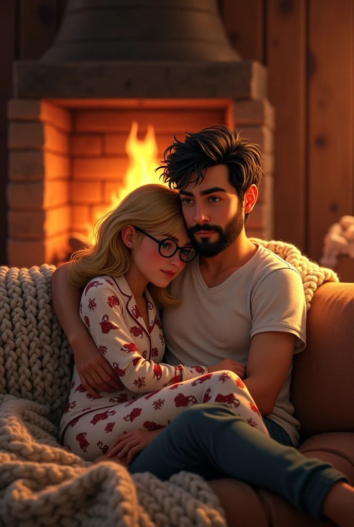 
create image in disney pixar cartoon style of a couple in a cabin on a sofa with blankets on their legs in front of a fireplace cuddling her with fire she in harry potter pajamas he in a white t-shirt, she is blonde, green eyes, blonde hair and black glasses, he has a short beard, green eyes, messy black hair, average build