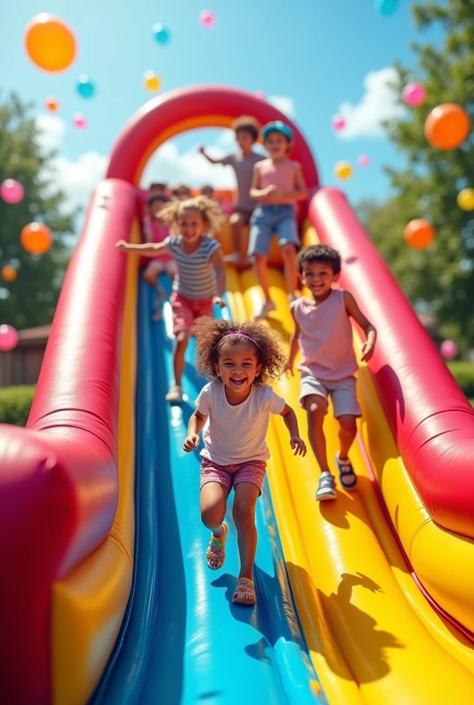 create a sales post for an inflatable slide toy with kids sliding down, we need a party-like atmosphere .