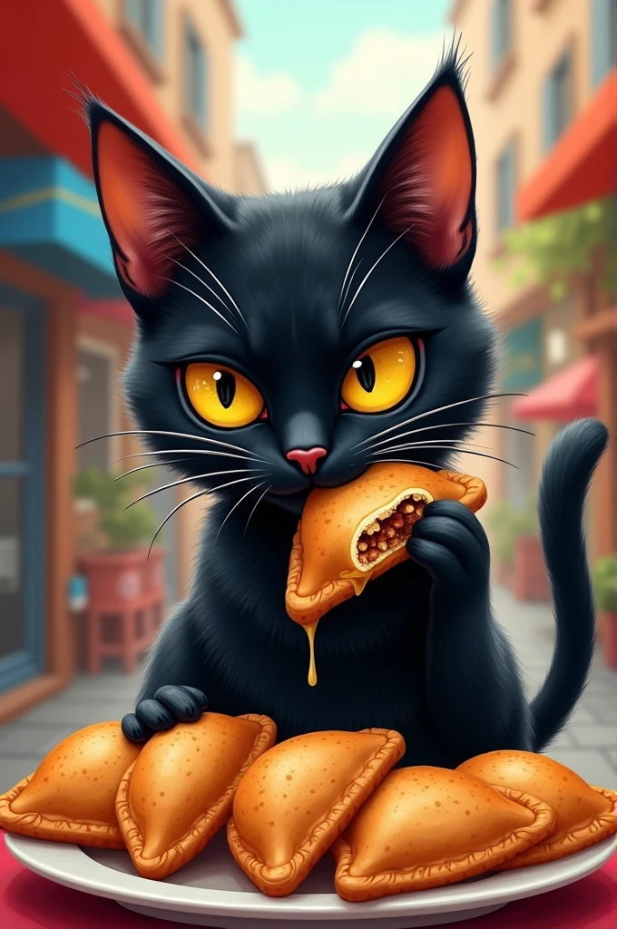 Illustration of an advertising image of a black cat eating empanadas