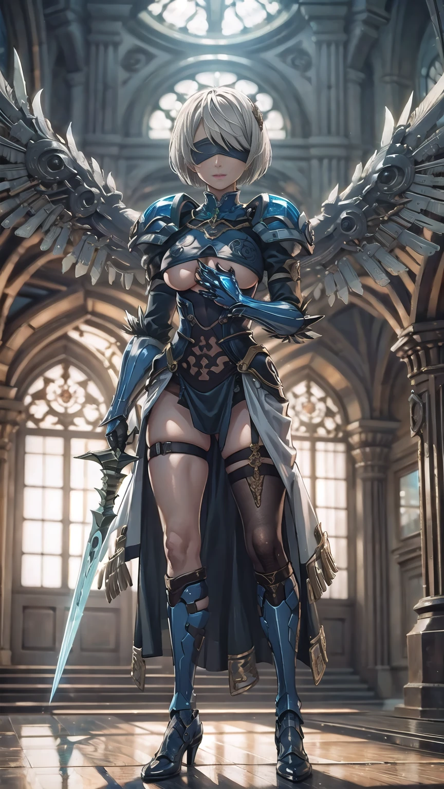 Make a 'kitbash' of Lenneth from 'Valkyrie profile' and 2B from 'Nier: Automata', combine 2B and Lenneth, solo, 1girl, BREAK: ((bright sapphire blue mech4rmor)), (boob window:1.37), thigh cutout, long skirt, (blindfold:1.27), wings, BREAK: standing contrapposto, (holding glowing sword), light smile, BREAK: plains, castle, BREAK: (better hands, best hands,) (insanely detailed, masterpiece, best quality),