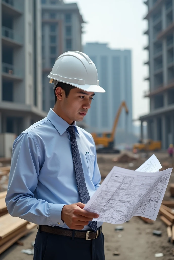 A professional civil engineer with white helmet and Engineering dress having drawing paper in hand