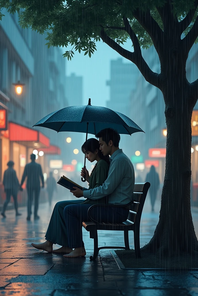 A man holding a woman is shoulders and the are siting on a banch and he reading a book and the climate is rainy and under the umbrella and other people and runing to shopes . The falling heavy rain surround a tree