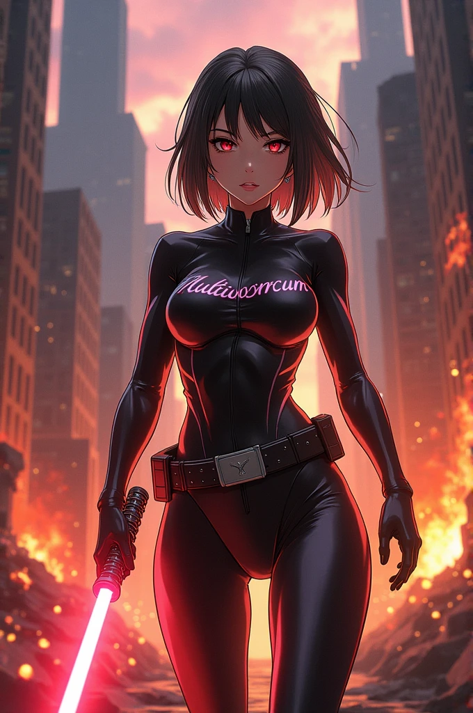 A brave police woman, wearing a black leather outfit tight to her body, with a shiny badge on her chest. His eyes show weariness, but also determination and perseverance. She is standing in the middle of a deserted and gloomy street, with tall buildings all around, creating an atmosphere of imminent danger. The dim lights of the city cast mysterious shadows, revealing only a few details: puddles of water on the street wet by recent rain, a flash of neon reflected in the windows, a danger sign flashing red. The setting conveys a sense of urgency as the police woman looks directly at the viewer, ready to face whatever challenge presents itself.