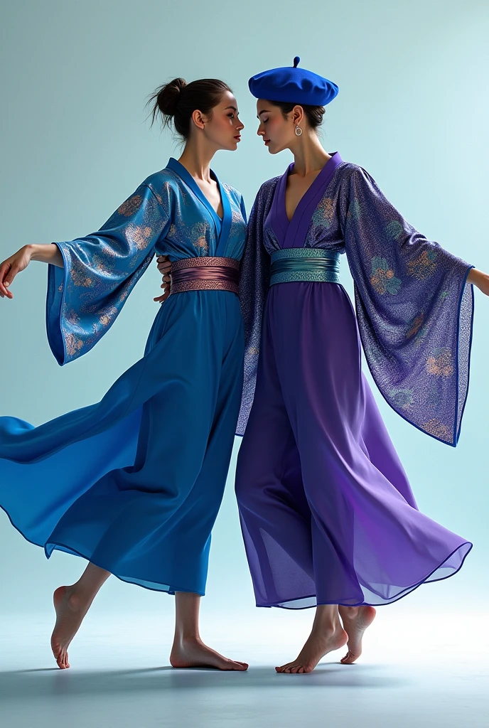 Two non-traditional kimonos and a French beret for dancing voila, they are for two people. I want it to be in cool colors and to hide the fatness.