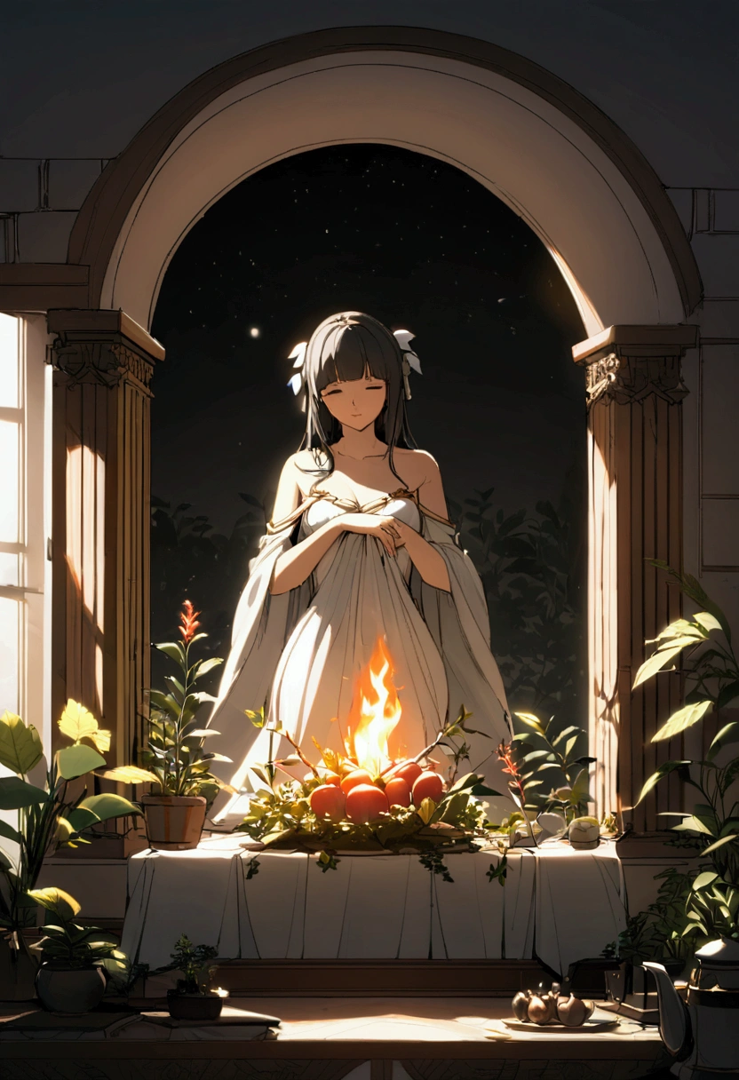 Create a highly detailed and serene depiction of Hestia, the Greek goddess of the hearth, home, and family. Hestia is portrayed as a calm and nurturing figure, exuding warmth and tranquility. She is dressed in a simple, yet elegant white robe that drapes gracefully over her figure, symbolizing purity and simplicity. Her face is gentle and maternal, with soft, kind eyes that reflect a deep sense of peace and compassion. Hestia is depicted tending to a sacred fire, which burns steadily and brightly in a central hearth, representing the eternal flame of home and family. The fire casts a warm, golden glow around her, emphasizing her role as the protector of the hearth. The background features a cozy, inviting interior of an ancient Greek home, with soft shadows and natural textures that add to the sense of comfort and security that Hestia embodies. Elements of nature, such as small plants or a view of a peaceful garden through a window, may be included to symbolize her connection to the earth and the cycles of life.

