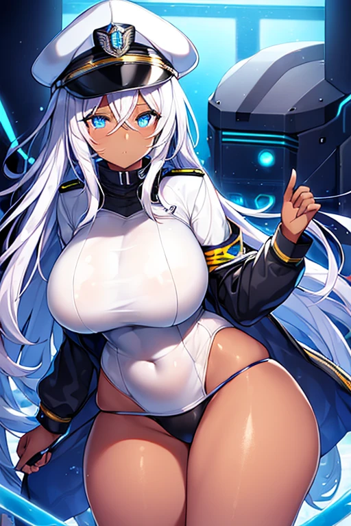 1girl, dark skin, dark-skinned female, police uniform, police, white hair, long hair, blue eyes, police hat, large breasts, thick thighs, futuristic, neon trim, science-fiction, machinery, tech, blue trim, glowing eyes, toned, cute face, mature female, hourglass figure, neon, one-piece swimsuit, competition swimsuit, medal, black swimsuit, badge, police badge, ((badge))
