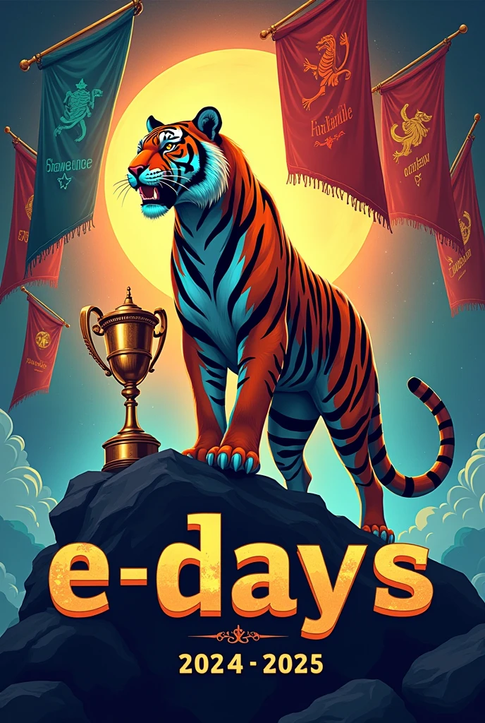 Pubmat/Main poster for Engineering Days 2024

- Title Text in the Center: "E-Days" 2024-2025 (font type should be the same as percy jackson poster) 
- use TIGER and TROPHY as main elements
- showcase the six houses and their logos through banners that are giving olympian vibes:

MUST GIVE OFF PERCY JACKSON AND THE OLYMPIAN VIBES. GREEK MYTHOLOGY