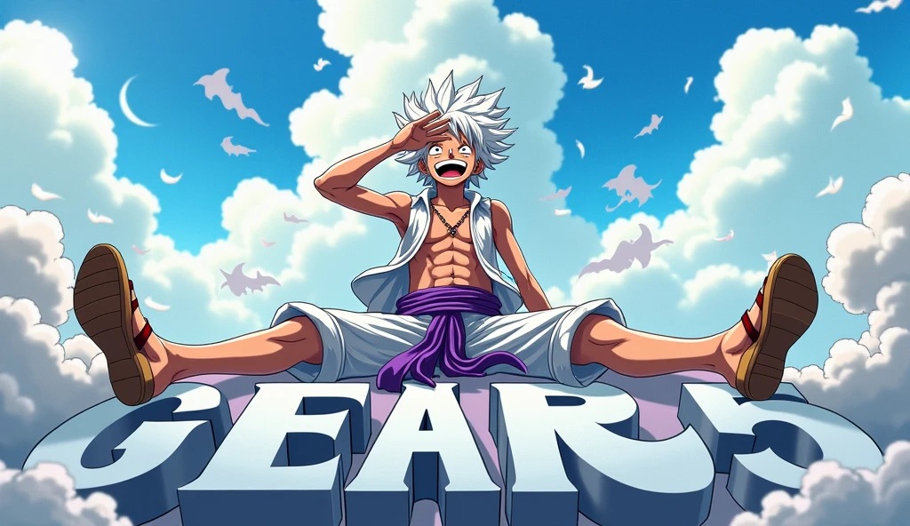 Create an anime-style scene featuring luffy gear 5 in a dynamic pose with white, wild hair, wearing a white outfit with a purple sash. The character should have a joyful and exaggerated expression, with their mouth wide open in laughter, legs lifted up spread wide straight, wearing wooden sandals, while sitting in a laid-back position with their legs spread out. The character's right hand should be shielding their eyes as if looking into the distance. Weird white cloud and smoke around him, Include a bright sky with some clouds in the background and large text at the bottom reading "GEAR 5."