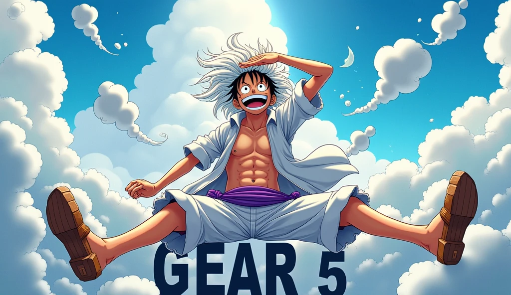 Create an anime-style scene featuring luffy gear 5 in a dynamic pose with white, wild hair, wearing a white outfit with a purple sash. The character should have a joyful and exaggerated expression, with their mouth wide open in laughter, legs lifted up spread wide straight, wearing wooden sandals, while sitting in a laid-back position with their legs spread out. The character's right hand should be shielding their eyes as if looking into the distance. Weird white cloud and smoke around him, Include a bright sky with some clouds in the background and large text at the bottom reading "GEAR 5."