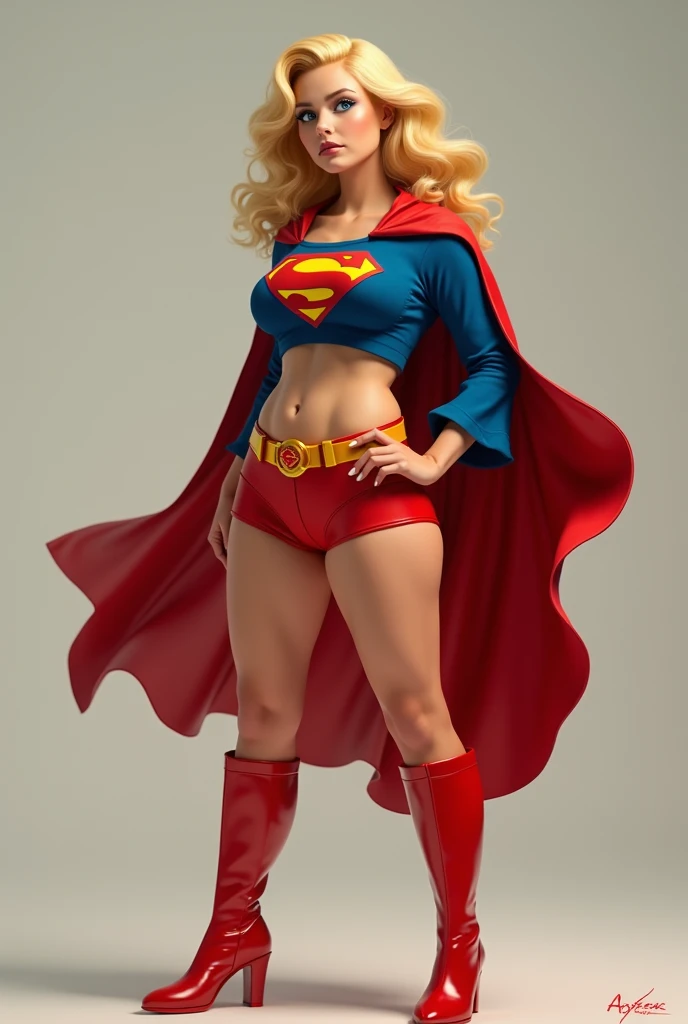 A SEXY BUSTY BLONDE TEEN FEMALE WITH BLUE EYES WEARING A 1970 SPLIT OPEN V BUTTONLESS FULL LENGTH BLUE V BLOUSE WITH A "S" EMBLEM ON THE RIGHT SIDE OF HER CHEST, A PAIR OF RED SHORTS WITH A YELLOW SUPERMAN BELT, TALL RED HEELED SUPERGIRL BOOTS, AND A LONG FLOWING RED SUPERGIRL CAPE. PHOTO REALISTIC, HYPER DETAILED AND TEXTURED.