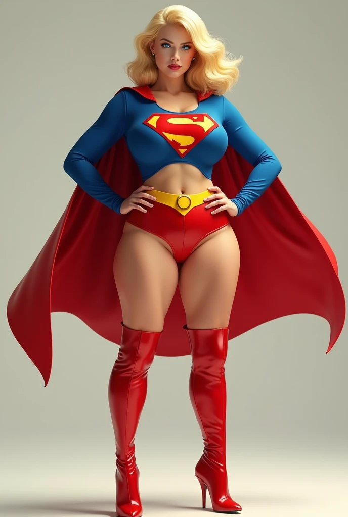 A SEXY BUSTY BLONDE FEMALE WITH BLUE EYES WEARING A 1970 SPLIT OPEN V BUTTONLESS FULL LENGTH BLUE V BLOUSE WITH A "S" EMBLEM ON THE RIGHT SIDE OF HER CHEST, A PAIR OF RED SHORTS WITH A YELLOW SUPERMAN BELT, TALL RED HEELED SUPERGIRL BOOTS, AND A LONG FLOWING RED SUPERGIRL CAPE. PHOTO REALISTIC, HYPER DETAILED AND TEXTURED.