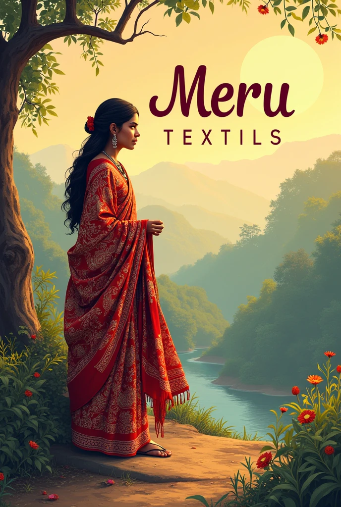 Make a banner as my shop name is Meru Textiles and give Santali saree photo