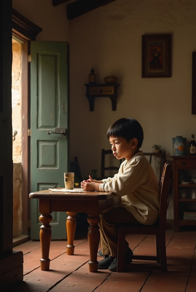 A boy sits at a table in a softly lit colonial Quito house 