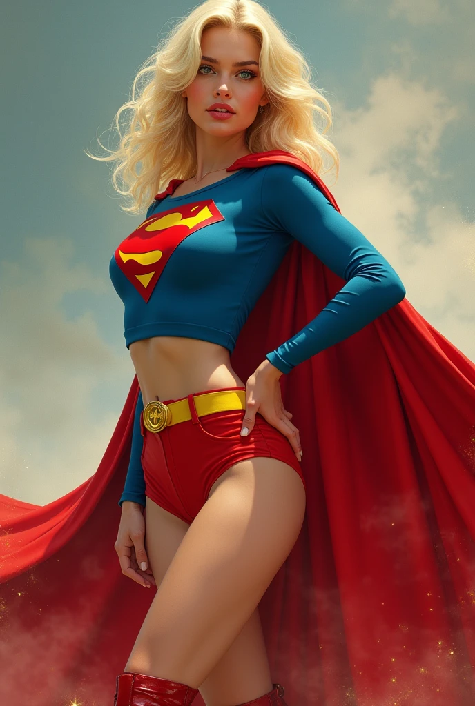 A SEXY BUSTY BLONDE TEEN FEMALE WITH BLUE EYES WEARING A 1970 SPLIT OPEN V BUTTONLESS FULL LENGTH BLUE V BLOUSE WITH A "S" EMBLEM ON THE RIGHT SIDE OF HER CHEST, A PAIR OF RED SHORTS WITH A YELLOW SUPERMAN BELT, TALL RED HEELED SUPERGIRL BOOTS, AND A LONG FLOWING RED SUPERGIRL CAPE. PHOTO REALISTIC, HYPER DETAILED AND TEXTURED.