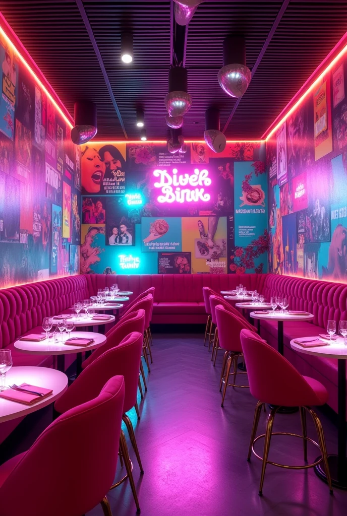 a vibrant and modern space, with a mix of retro and futuristic elements, reflecting Dua Lipa&#39;s style and music. The walls are decorated with colorful murals inspired by their album covers., and there are neon signs with phrases from their songs. The lighting combines soft shades of pink and purple, creating a nightclub atmosphere. The tables are arranged with LED lights, and the environment is elegant, with velvet furniture and metal chairs.