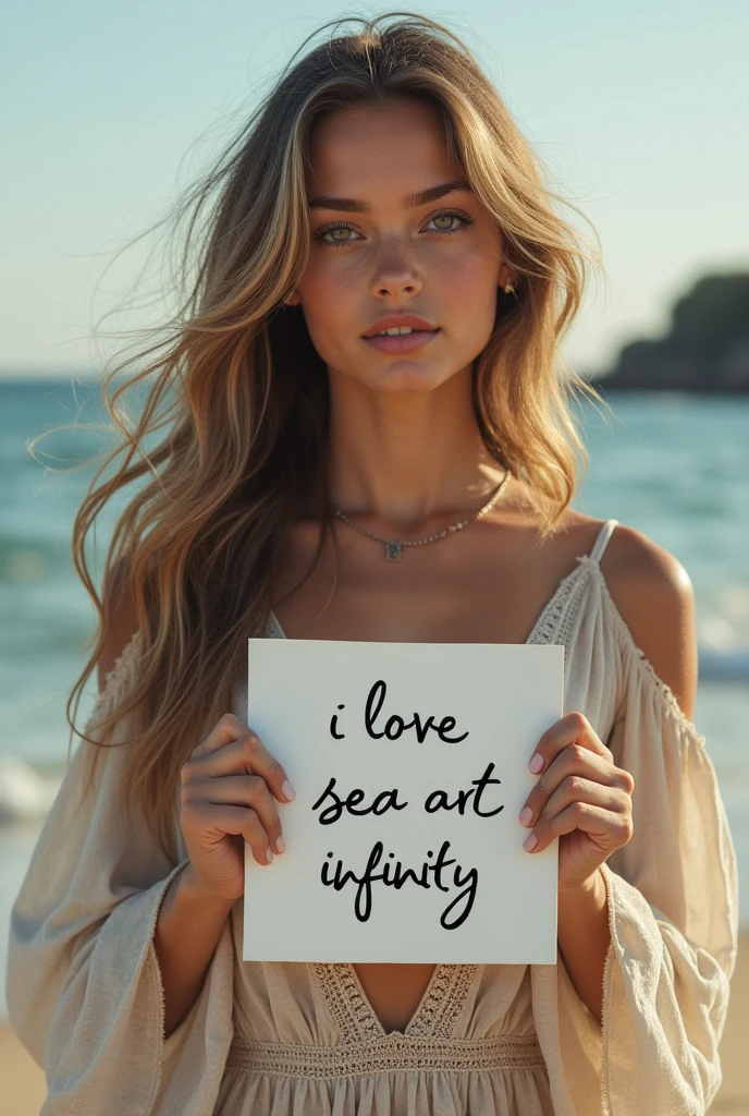 Beautiful girl with wavy long hair, bohemian dress, holding a white board with text "I Love Seaart Infinity" and showing it to the viewer