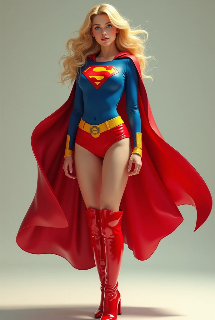 A SEXY BUSTY BLONDE TEEN FEMALE WITH BLUE EYES WEARING A 1970 SPLIT OPEN V BUTTONLESS FULL LENGTH BLUE V BLOUSE WITH A "S" EMBLEM ON THE RIGHT SIDE OF HER CHEST, A PAIR OF RED SHORTS WITH A YELLOW SUPERMAN BELT, TALL RED HEELED SUPERGIRL BOOTS, AND A LONG FLOWING RED SUPERGIRL CAPE. PHOTO REALISTIC, HYPER DETAILED AND TEXTURED.