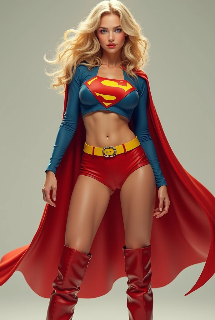 A SEXY BUSTY BLONDE TEEN FEMALE WITH BLUE EYES WEARING A 1970 SPLIT OPEN V BUTTONLESS FULL LENGTH BLUE V BLOUSE WITH A "S" EMBLEM ON THE RIGHT SIDE OF HER CHEST, A PAIR OF RED SHORTS WITH A YELLOW SUPERMAN BELT, TALL RED HEELED SUPERGIRL BOOTS, AND A LONG FLOWING RED SUPERGIRL CAPE. PHOTO REALISTIC, HYPER DETAILED AND TEXTURED.