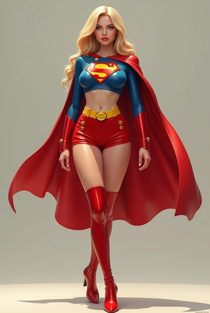 A SEXY BUSTY BLONDE TEEN FEMALE WITH BLUE EYES WEARING A 1970 SPLIT OPEN V BUTTONLESS FULL LENGTH BLUE V BLOUSE WITH A "S" EMBLEM ON THE RIGHT SIDE OF HER CHEST, A PAIR OF RED SHORTS WITH A YELLOW SUPERMAN BELT, TALL RED HEELED SUPERGIRL BOOTS, AND A LONG FLOWING RED SUPERGIRL CAPE. PHOTO REALISTIC, HYPER DETAILED AND TEXTURED.
