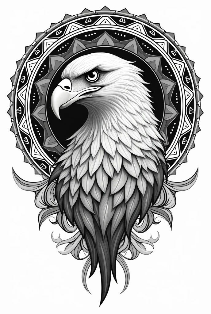 Coloring vector with medium details in black and white of an eagle head in mandala style
