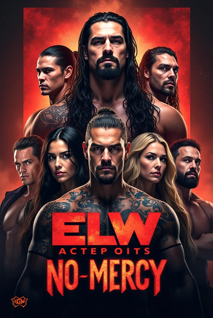 Genérame una imagen para promocionar el paper view de lucha libre no mercy de la ELW en donde aparezca el nombre de ELW presenta no mercy con la imagen de kazuchika Okada Cody rose Roman Reigns John cena the undertaker John moxly y the find Bray white