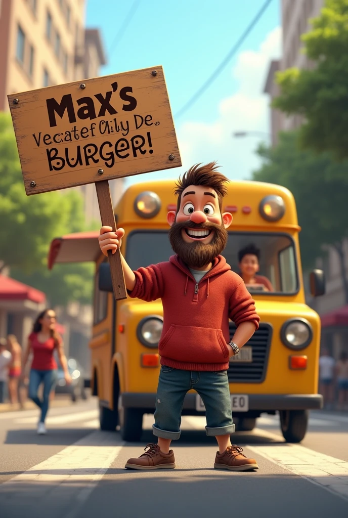Max, holding a sign that reads, “Max’s Burgers, Now Mobile!”
