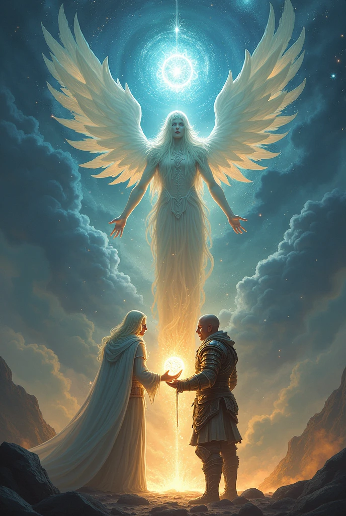 a god giving a magical fruit to a warrior 