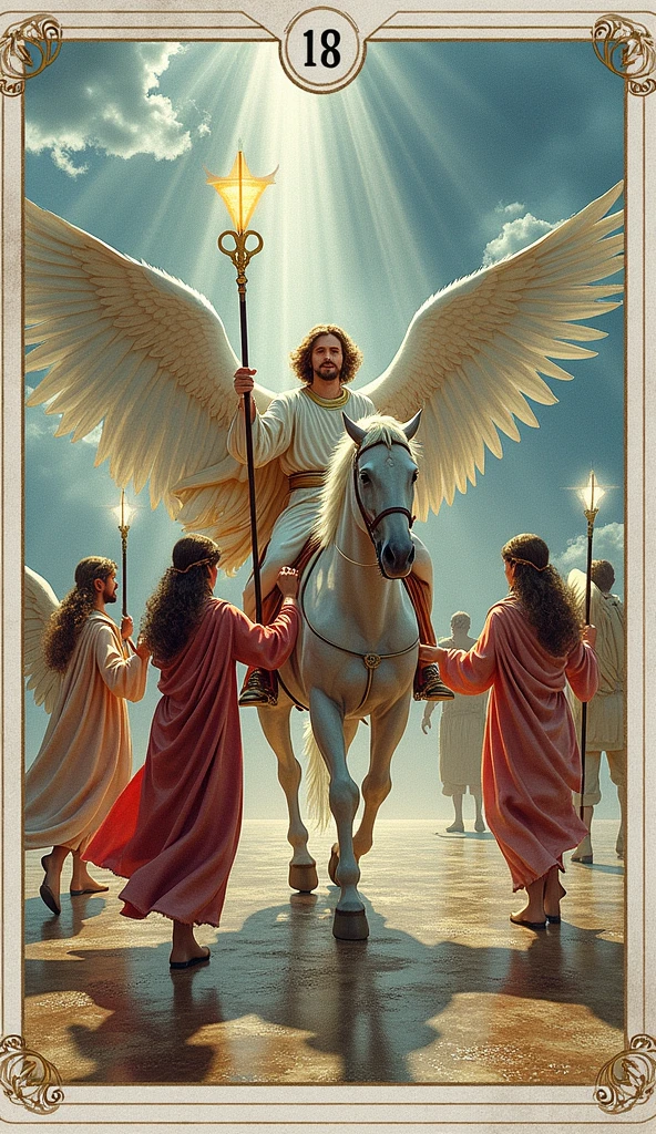 It creates a hyper-realistic and awe-inspiring image for the Six of Staffs of the Lumen Angelis Tarot deck. In this scene, an angelic figure riding a winged Pegasus-like horse greets a crowd beside him, from which emerge five other angelic beings, each holding his own staff, pointing skyward. representing the card. The angel rider also carries a staff that glows with a brilliant golden light, symbolizing victory and recognition.
These staffs glow with a softer, but powerful light, in colors that complement the central staff, signifying support and recognition by others.
A celestial landscape unfolds in the background, with rays of golden light piercing a sky filled with ethereal clouds. The ground beneath them is a smooth, shimmering surface that reflects the light from above, enhancing the sense of elevation and divine favor.
The entire scene is imbued with a sense of harmony and achievement, and the staffs serve both as a symbol of the angel's feat and as a collective recognition of his success.