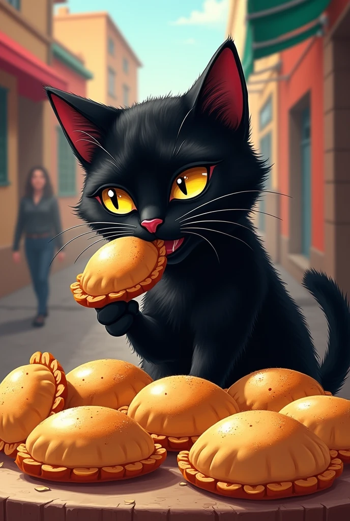 Illustration of an advertising image of a black cat eating empanadas